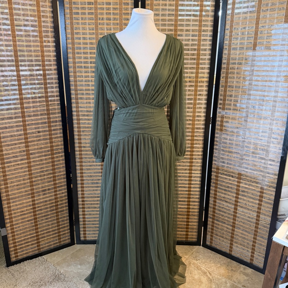 Lace & Beads Maxi Dress Women UK 14 US 10 Olive Green Plunge Tulle Formal Gown